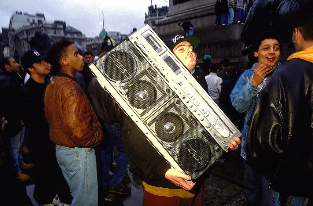 Protestor at ‘Freedom to Party’ demonstration carrying a large boombox, 1989