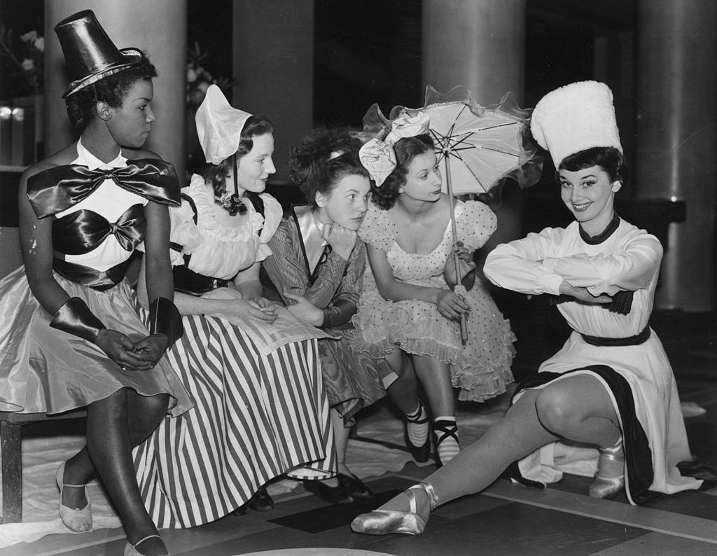 #33 Audrey Hepburn with Cherry Adele, Jean Baylis, Gillian Moran, and Sylvia Russell, at the Cambridge Theatre.