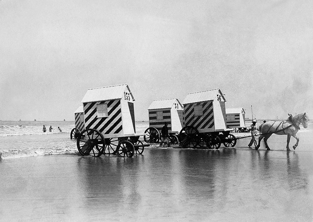 #39 Bathing machine were transporting by horse-drawn carriage to the beach, Belgium, 1904.