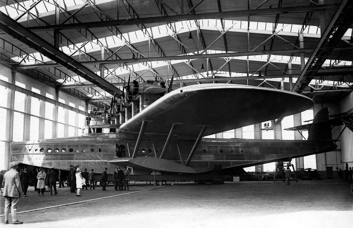 #4 A completed Dornier Do-X flying boat in the assembly hangar of the aircraft plant in Altenrhein, Switzerland before her maiden flight,July 9, 1929