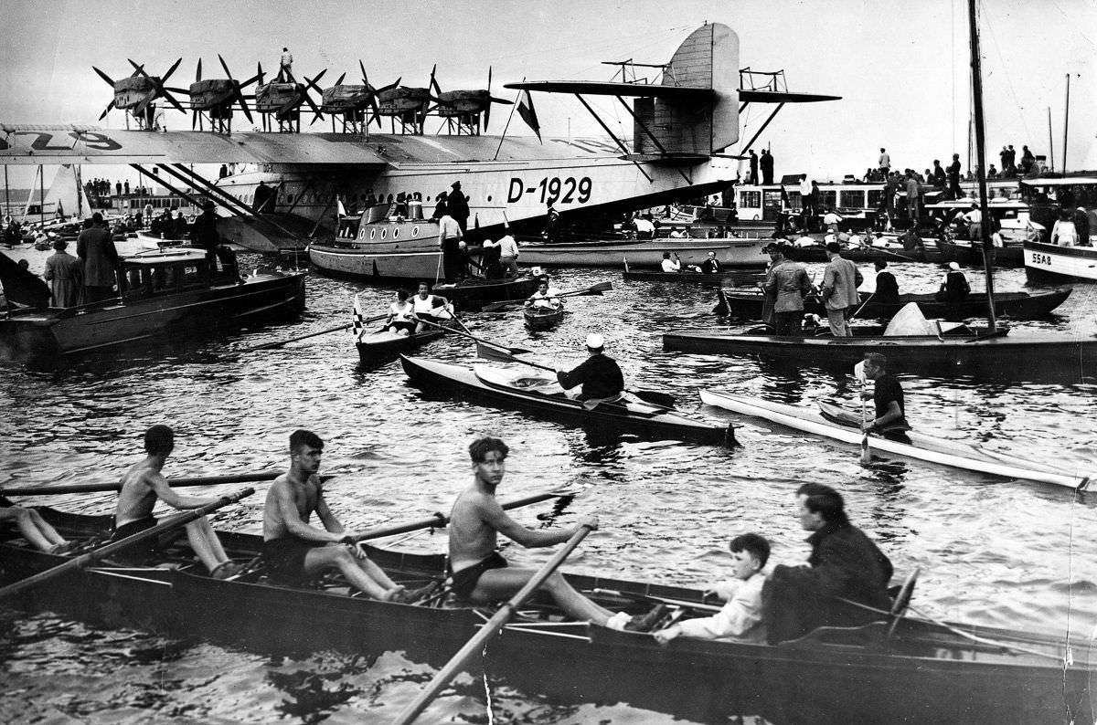 #20 Spectators gather around the flying boat on Lake Müggelsee in Berlin,May 24, 1932