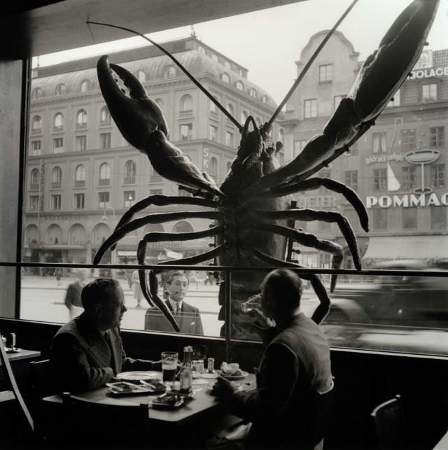 #5 The window of Sturehof restaurant decorated with a large crayfish.