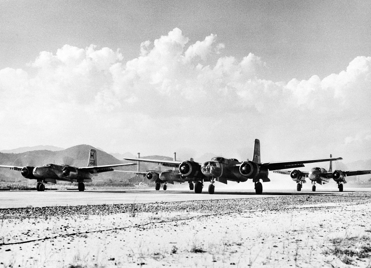 #5 Engines of U.S. Air Force B-26 bombers are revved up shortly before taking off from Far East Air Force field in Japan on September 20, 1950, for combat missions in Korea.