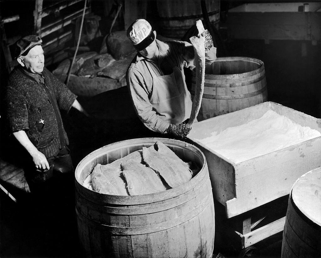 #24 Some fillets of cod dipped into the salt and packed up in wooden brails to be exported in prince Rupert, Vancouver, 1952.