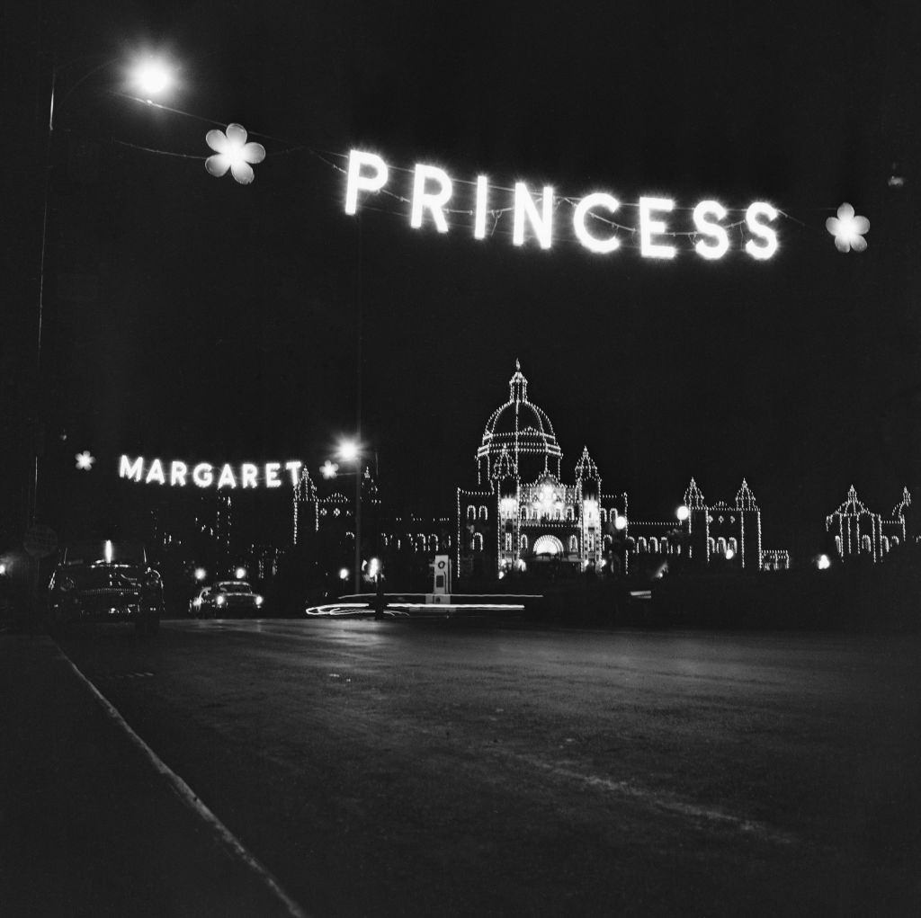 #54 Parliament buildings at night showing Princess Margaret’s name in lights, Vancouver, Canada, 18th July 1958.