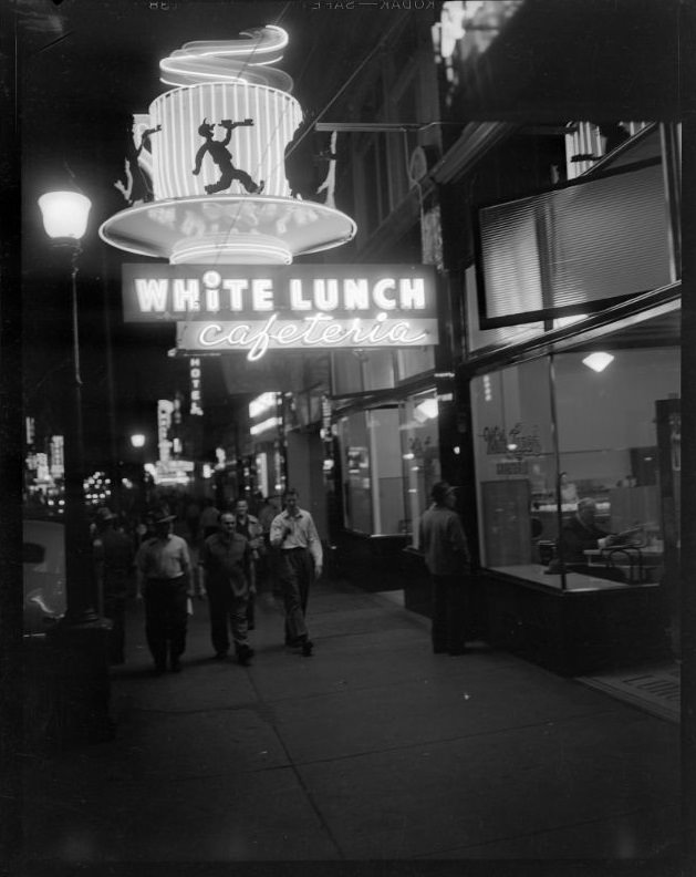 #34 White Lunch Cafeteria neon sign over sidewalk, West Hastings Street, Vancouver, 1950