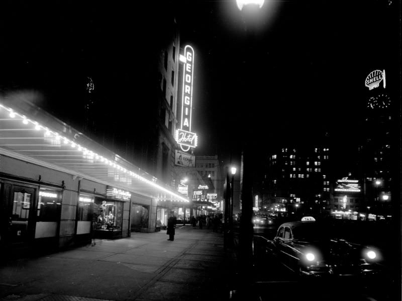 #50 Looking East from 800 Block West Georgia at night, Vancouver, 1953