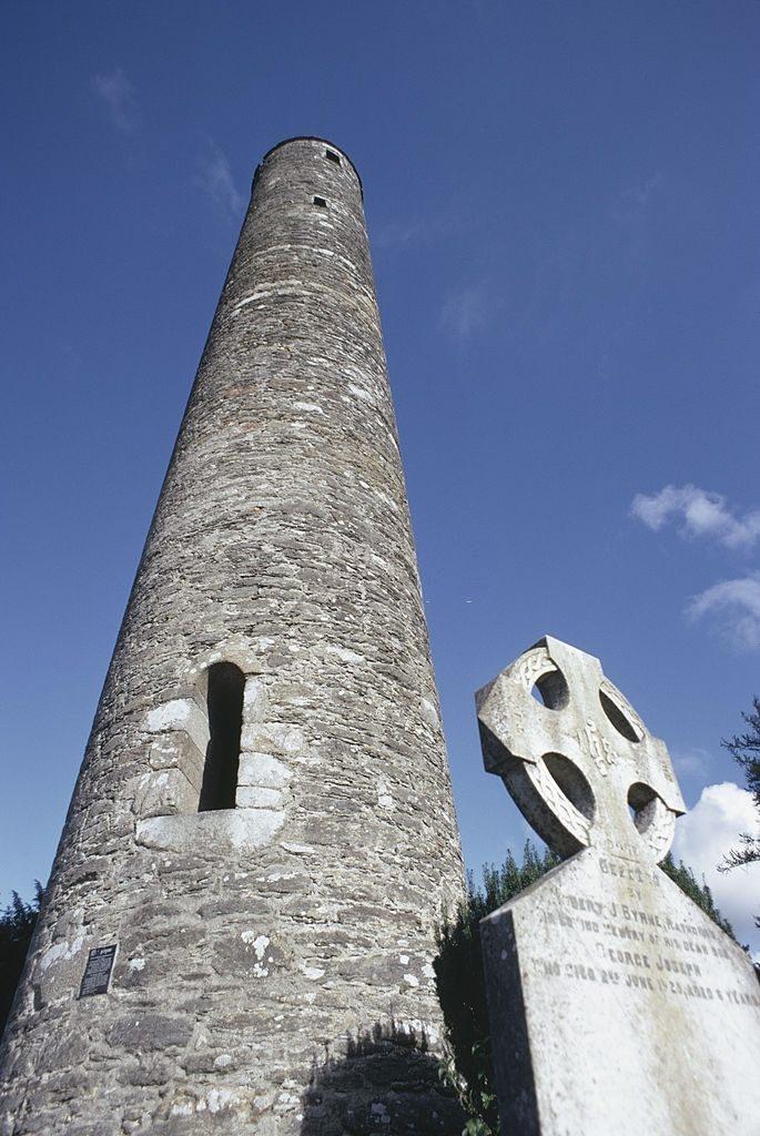 #27 A view of the round tower, a slate built landmark and bell tower at Gelndalough, County Wicklow, Ireland, August 1967.