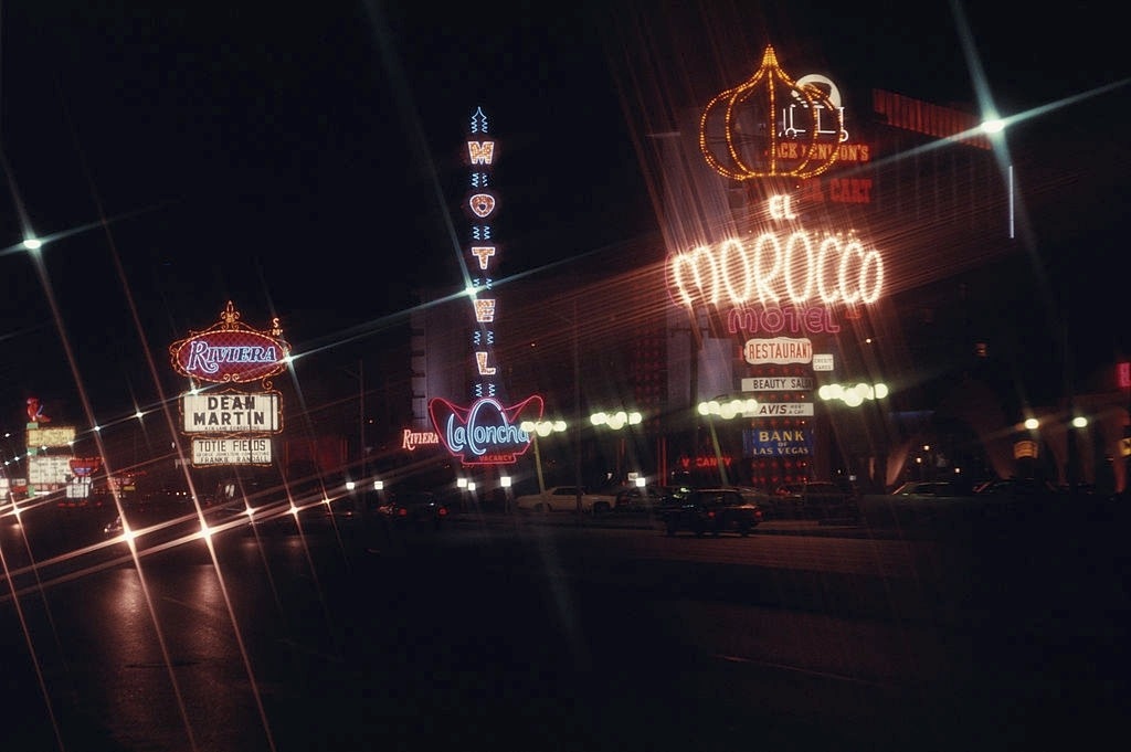 #51 A night view of neon lights in Las Vegas, December 1969.
