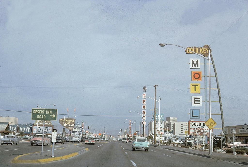 #32 View looking north along Las Vegas Boulevard (also known as the Las Vegas Strip), 1965.