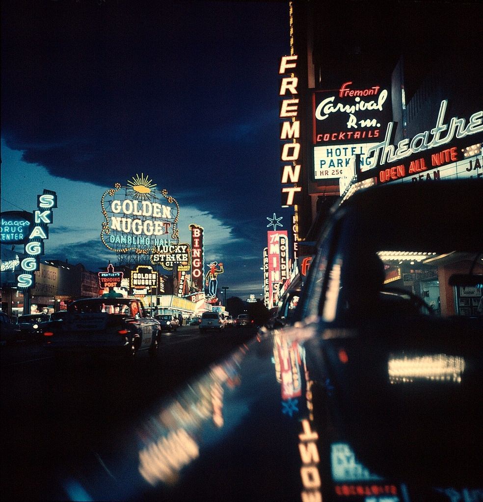 #12 Fremont Street at night lit up by gambling casino, Las Vegas, 1961.
