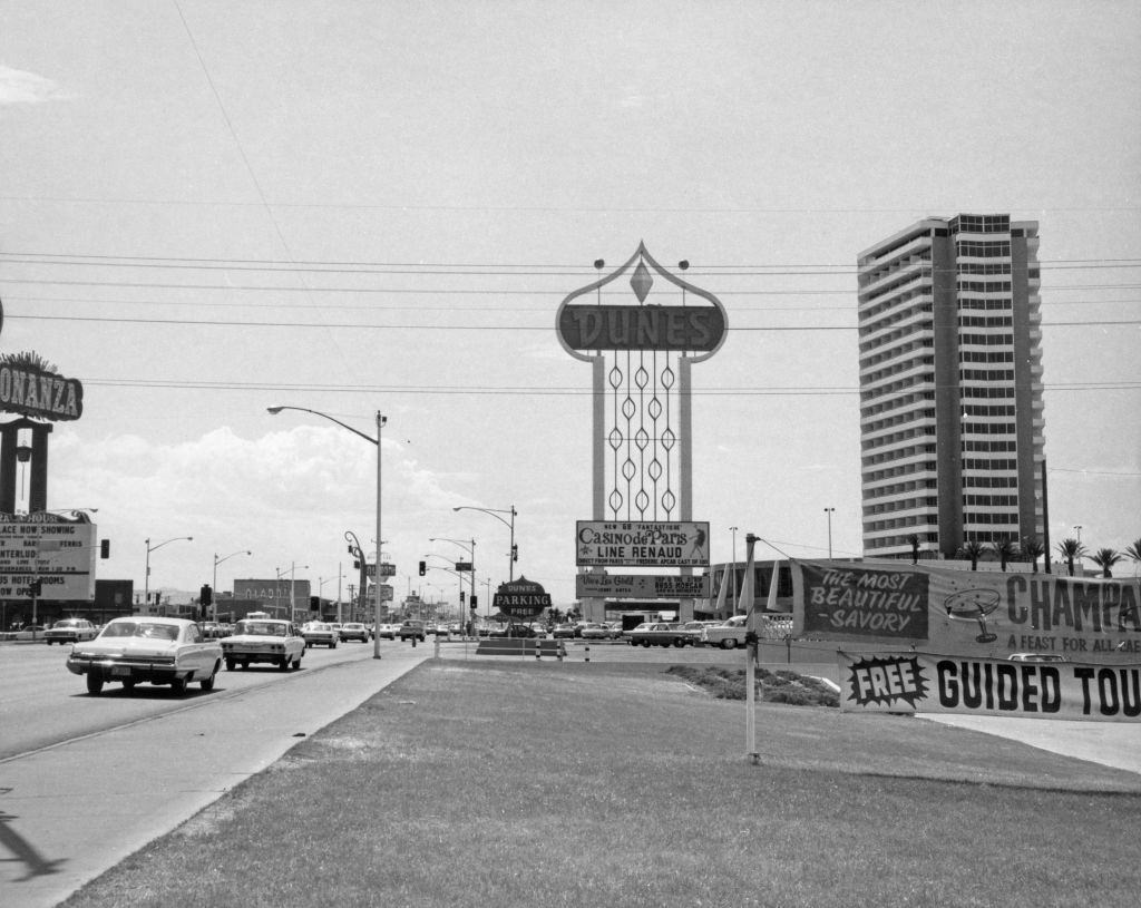 #5 A view down the Las Vegas Strip, with the Dunes hotel and casino on the right, 1968.