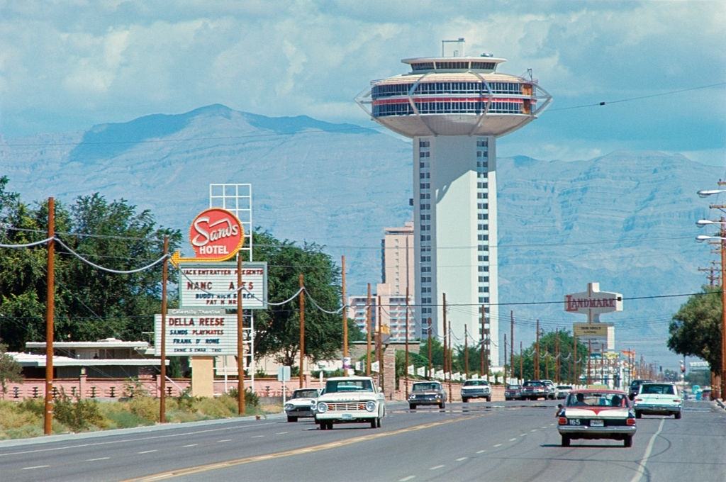 #13 View of hotels alongside the road, including the Sands Hotel and the Landmark Hotel, Las Vegas, 1968.