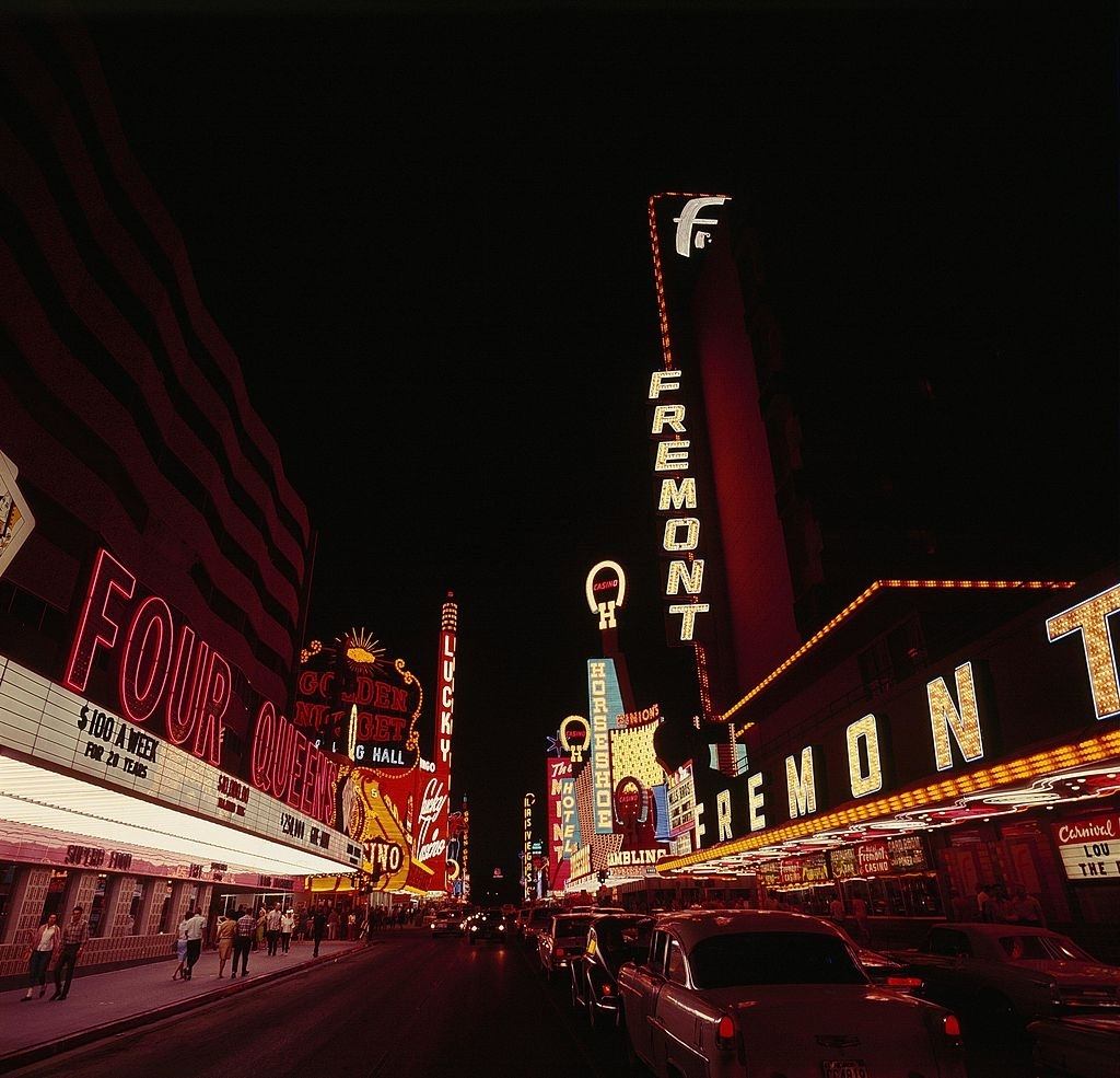 #24 Four Queens Hotel and Fremont Hotel at night, Las Vegas, 1967.