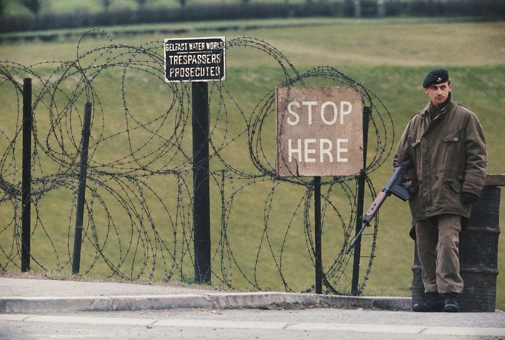 #33 British Army soldier guarding a water works facility in Belfast, Northern Ireland, April 1969.