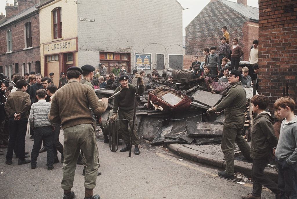 #4 British troops erecting barricades on the corner of Lucknow street, Belfast, Northern Ireland, September 1969.