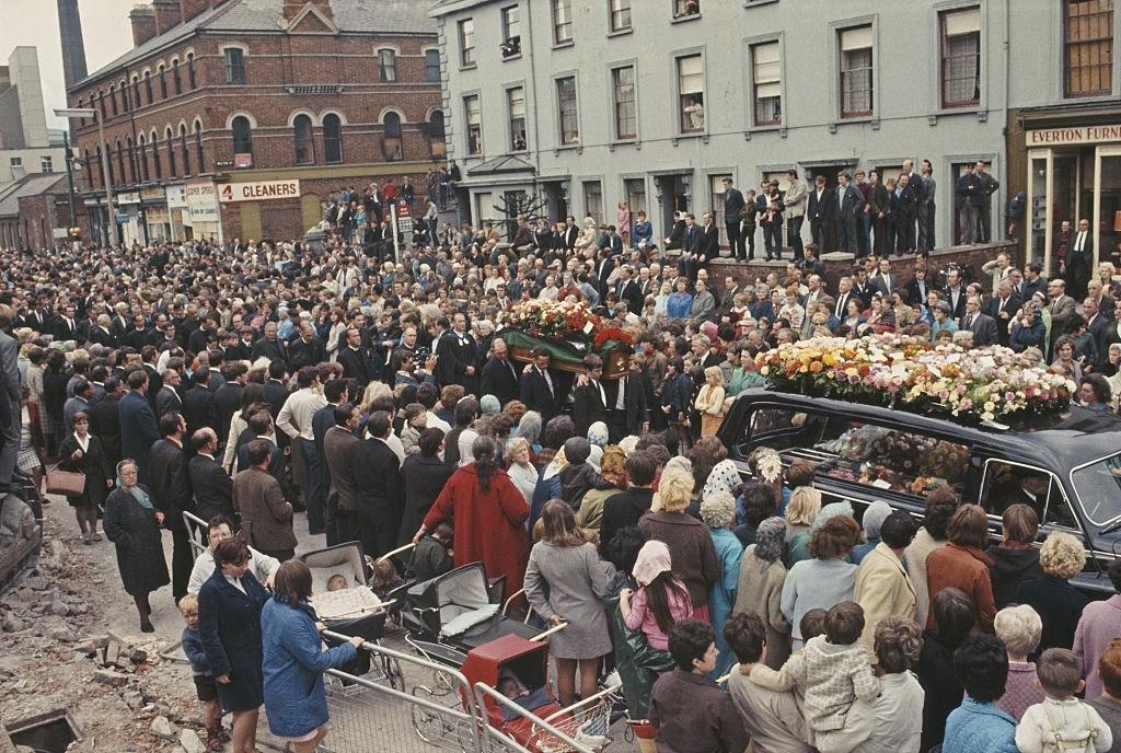 #34 Funeral march of David Linton, a protestant civilian shot dead by nationalist gunmen during fighting and rioting in the city, Belfast, Northern Ireland, August 1969.