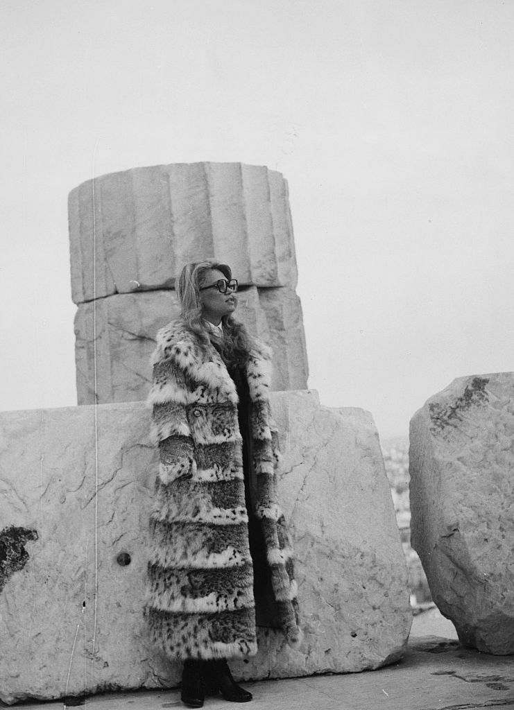 #20 Actress Dyan Cannon wearing a mink coat as she visits the Acropolis, in Greece to star in the film ‘The Burglers’, Athens, March 23rd 1971.