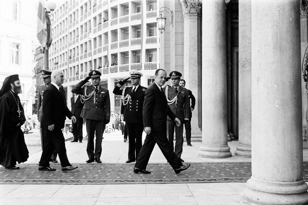 #31 Greece Prime Minister Georgios Papadopoulos is seen on arrival at the 6th Independence Day ceremony on April 21, 1973 in Athens.