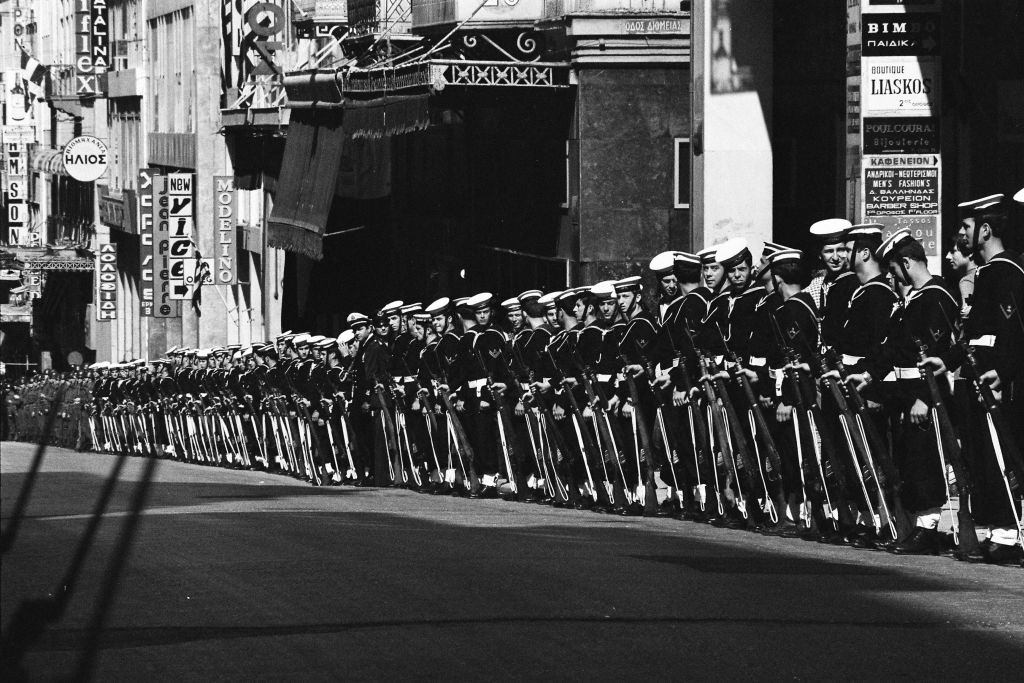 #32 Soldiers line up on the street ahead of the 6th Independence Day ceremony on April 21, 1973 in Athens.