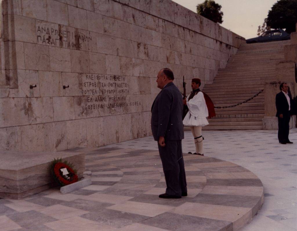 #59 Prime Minister Robert Muldoon of New Zealand laying a reef at a war memorial in Athens, 1978.
