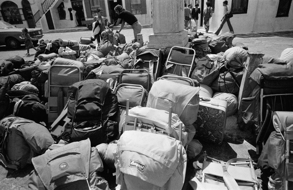 #64 Hippie backpacks on Mykonos Island, Greece, August 1978