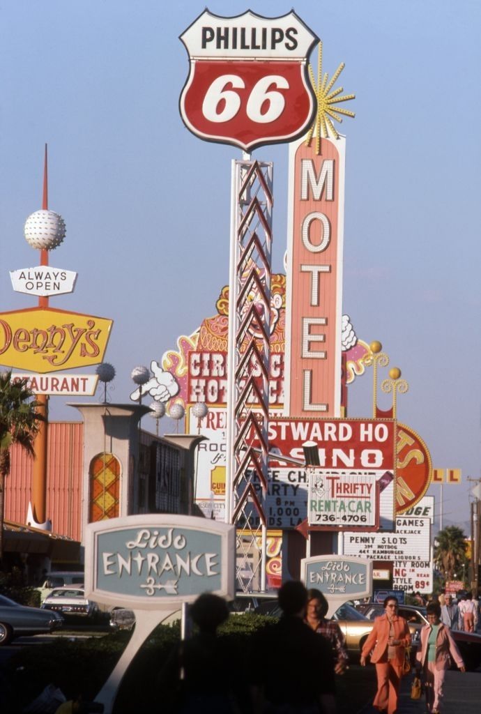 #21 Circus Circus, Denny’s Restaurant and a Phillips 66 gas station, Las Vegas, 1977.