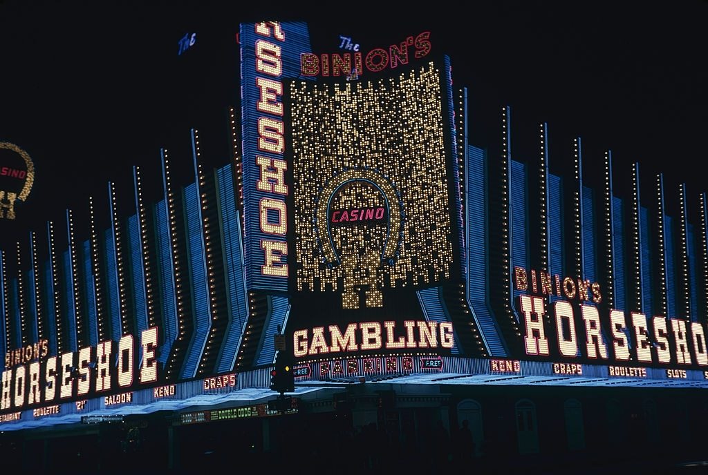 #52 The front of Binion’s Horseshoe Casino in Las Vegas, March 1975.