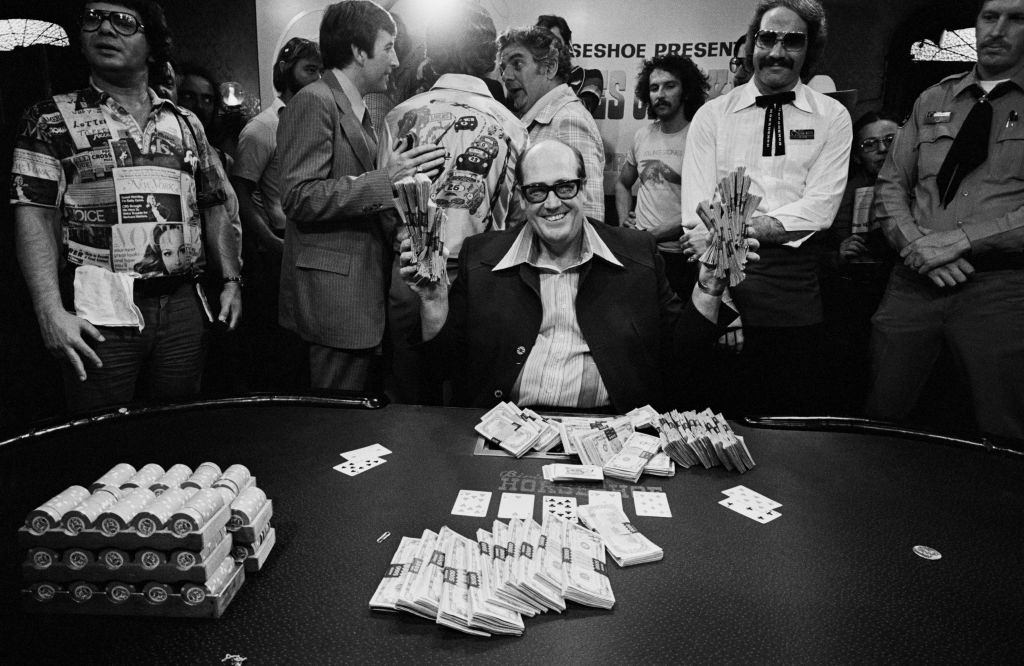 #13 Winner of Poker Championship 1977, Doyle Brunson takes home $340,000, Las Vegas, 1977.