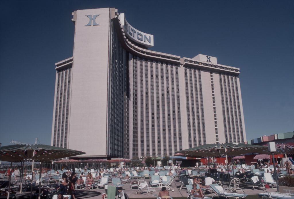 #42 A view of the Las Vegas Hilton Hotel and pool in October 1977 in Las vegas