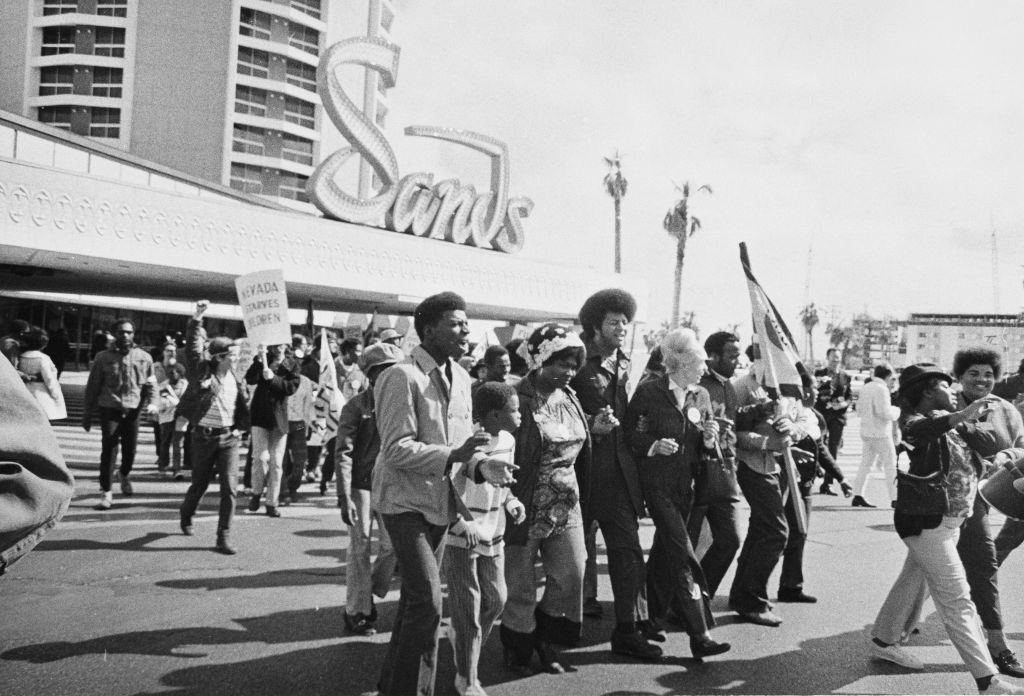 #34 A demonstration outside the Las Vegas Sands casino and resort in Nevada, 1971.