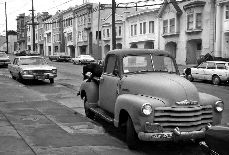 #45 1951 Chevrolet pickup truck, 8th Avenue, Richmond district, San Francisco, 1976