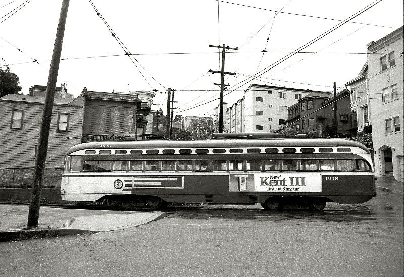#81 MUNI J-Church line, PCC car no. 1018, Liberty Street, Mission district, San Francisco, 1976