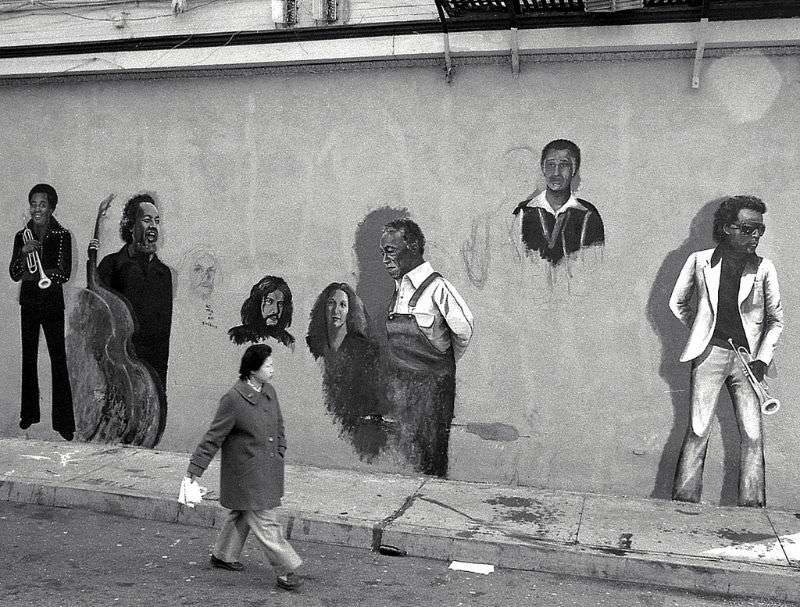 #33 Mural painting in progress on the side of the Keystone Korner, North Beach, San Francisco, 1979