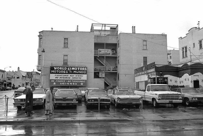 #89 World Motors, 18th and Valencia Streets, Mission district, San Francisco, 1979