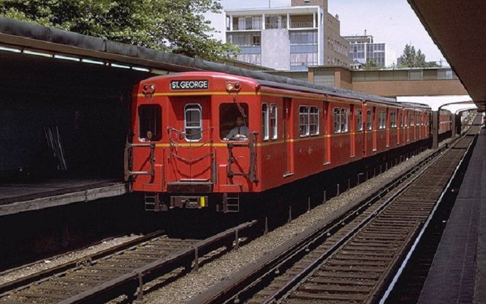 #62 The infamous red subway trains, 1971.