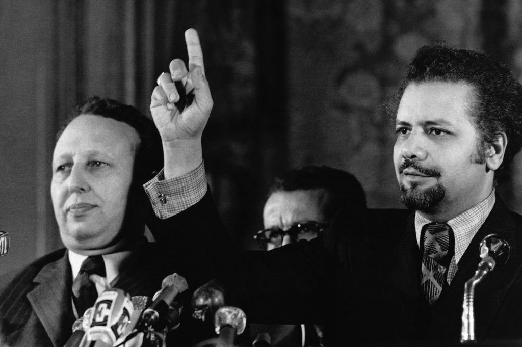 #21 Press conference by Bélaïd Abdessalam, Algerian Minister for Energy, and Ahmed Zaki Yamani, Saudi Minister for Petroleum, during the oil shock, in Paris, France, November 27, 1973