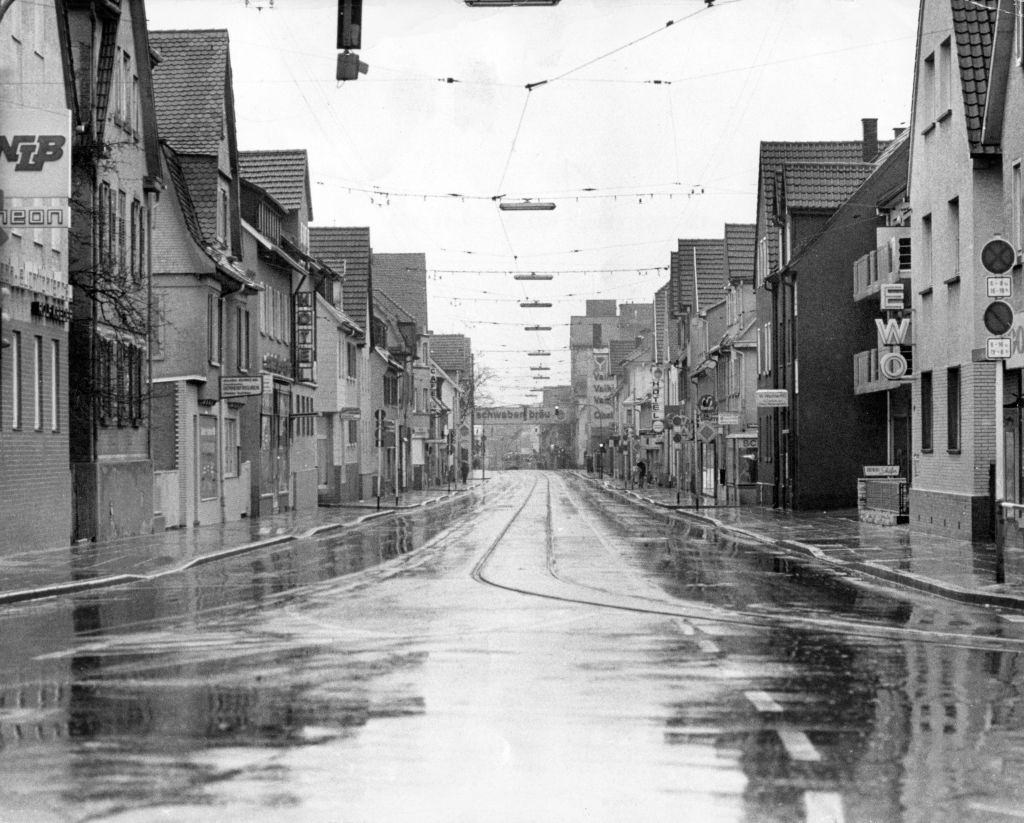 #40 An empty street in the Vaihingen district of Stuttgart during the oil crisis, 1973.