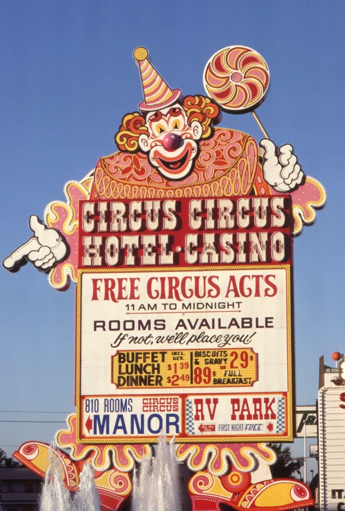 #30 Sign of a Las Vegas casino depicting a clown in 1980.