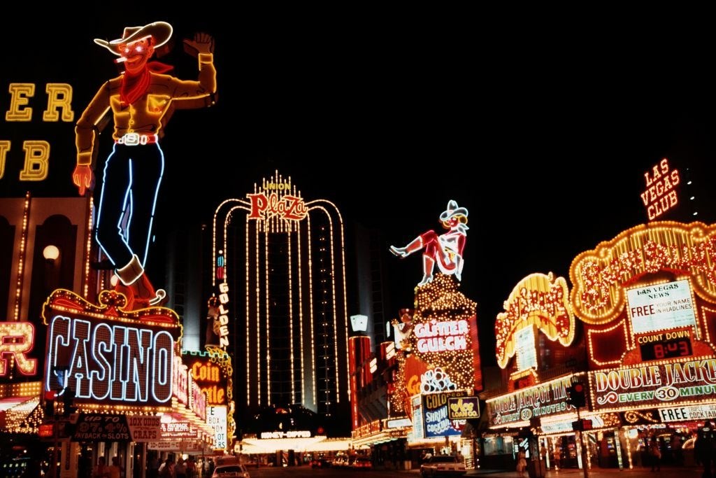 #1 Night scene with neon sign of the casinos on the “Strip”, the main thoroughfare in Las Vegas, June 1981.