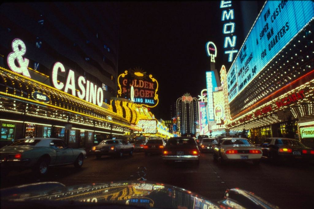 #11 Nighttime view, looking east, of hotels and casinos on Fremont Street, Las Vegas, 1983.
