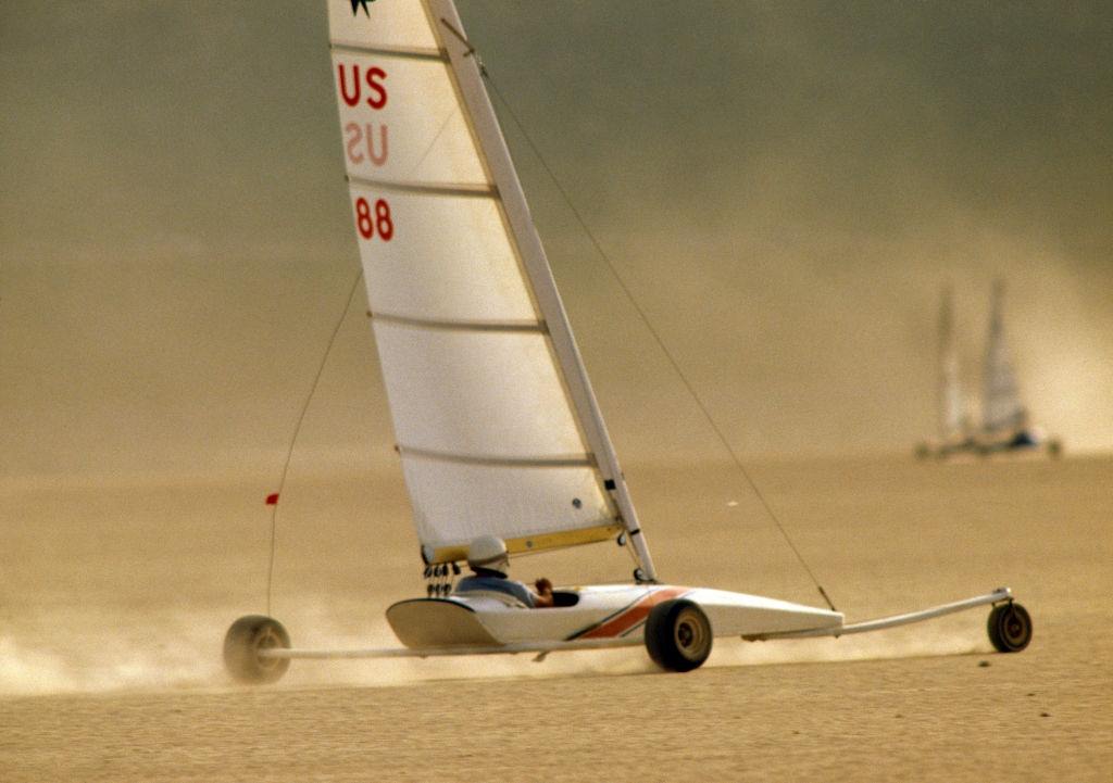 #58 Action from the America’s Landsailing Cup in the Ivanpah Lake near Las Vegas, 1985.
