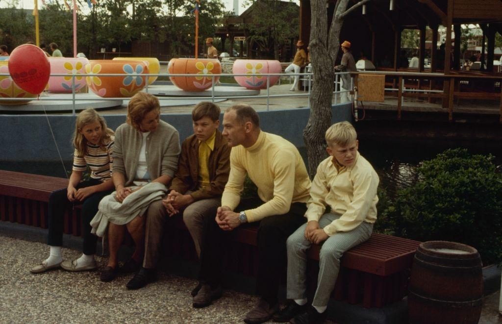 #18 Astronaut Buzz Aldrin and family, sitting on the bench, Houston, Texas, 1969