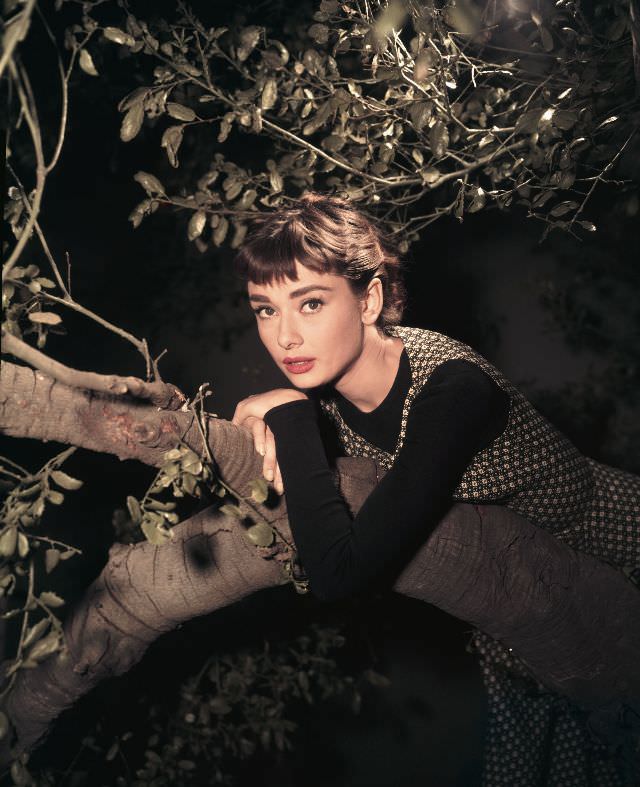 #11 Audrey Hepburn leaning on a tree in a promotional photo for ‘Sabrina,’ 1954.