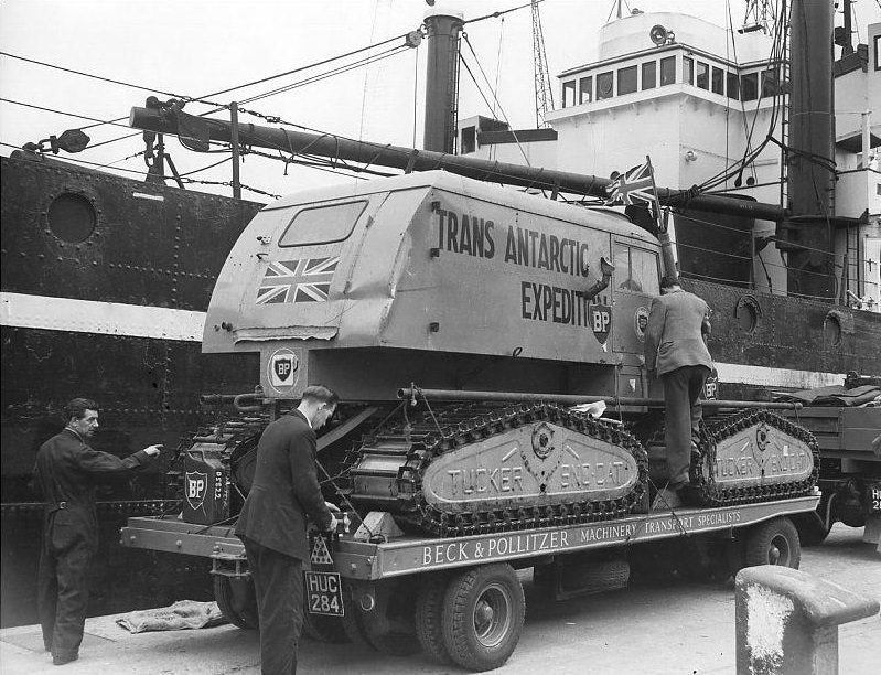 Haywire, one of the snowcats used by Dr. Fuch’s and his Commonwealth explorers on their journey across the Antarctic continent, arrives at Tilbury from New Zealand, via Antwerp.