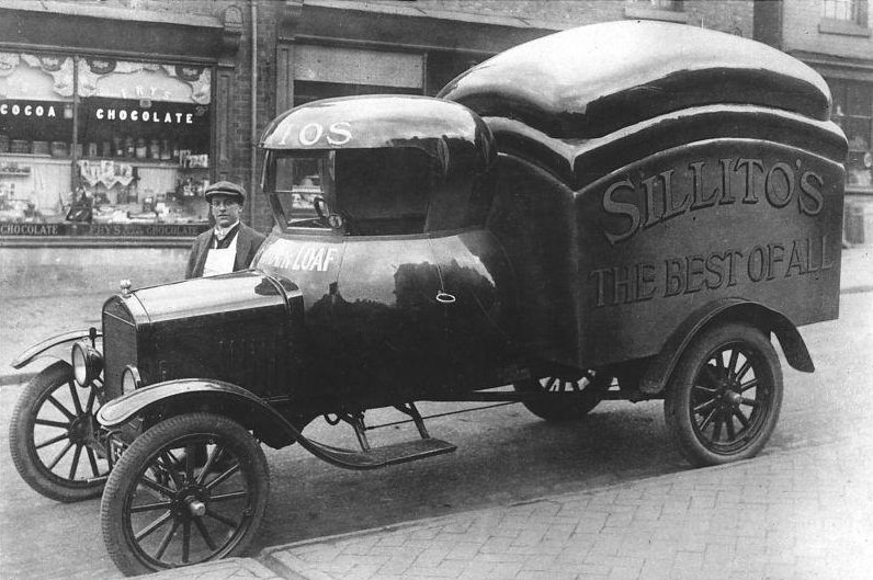 Baker Mr. Sillitoe constructred a delivery van with the driver’s cab and the van in the shape of loaves of bread.