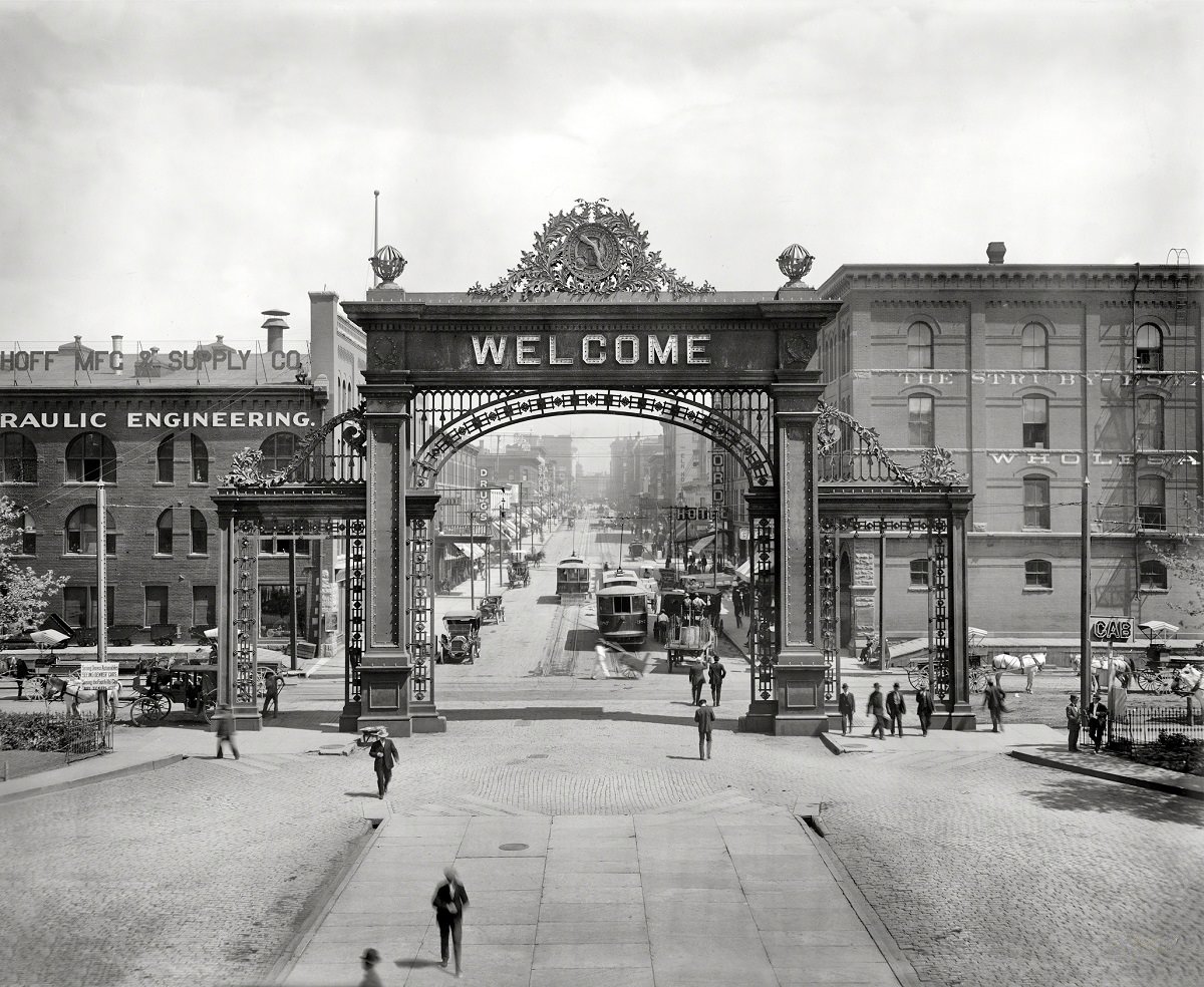 #2 Welcome Arch at Union Depot, Denver, 1908.
