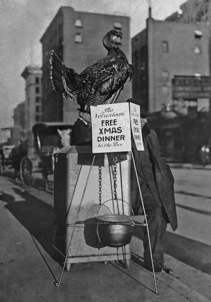 #19 A turkey and a cauldron are used to advertise a free Christmas dinner to be provided to the poor by the charity Volunteers of America, Denver, 1905