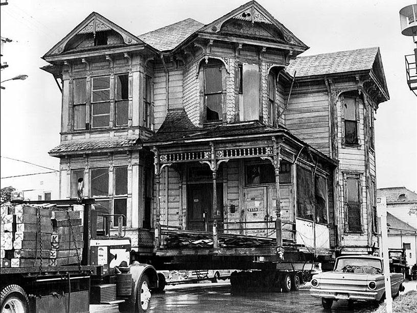 #5 One of two Victorian houses, both designated as Los Angeles historical-cultural monuments, is shown being moved from Court Street, just west of downtown, to 1300 Carroll Ave., seven blocks away. March 1978