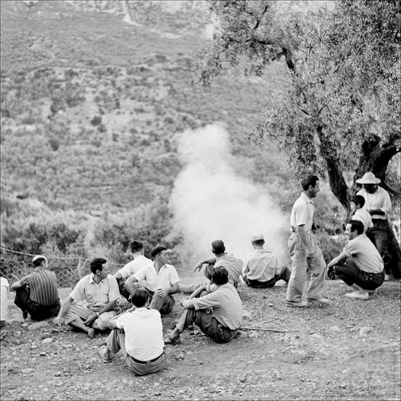 #42 Group of men waiting at the Fornalutx bull’s party, 1957